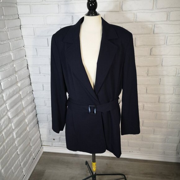 Talbots Ladies Size 20 Navy 1 Button Closure Lined Belted Long Blazer - Picture 1 of 10